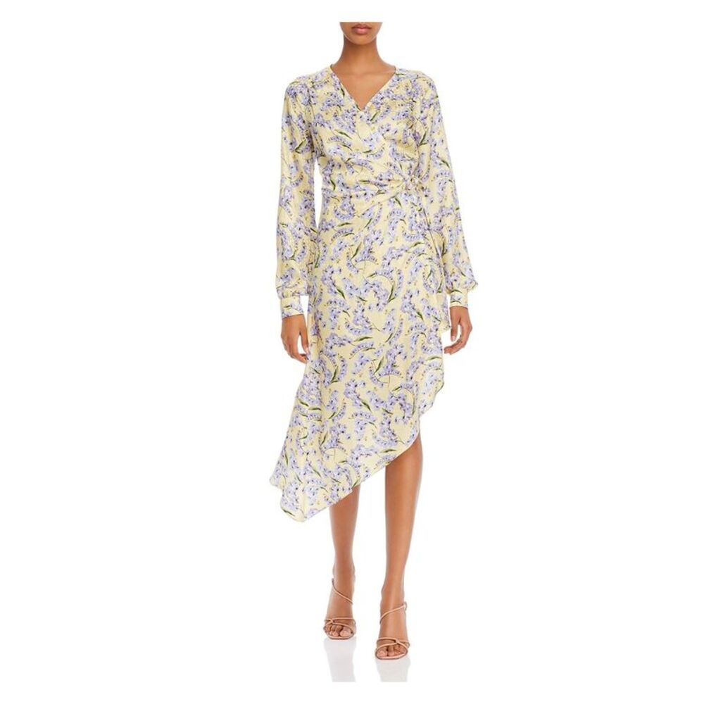 ART DEALER Womens Yellow Tie Asymmetrical Hem Long Sleeve Midi Wrap Dress S